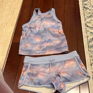 Athleta Girls Lavender and Peach Tie-Dye Tank Top & Shorts Swim Set